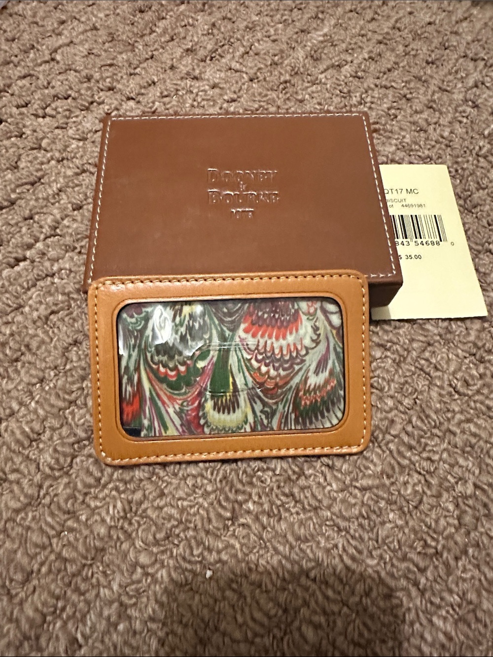 Dooney & Bourke Tan Leather ID Window Cardholder with Multicolor Feather Print